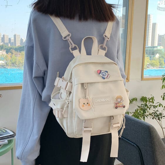 Adorable Bear Head & Rocket Ship White Backpack