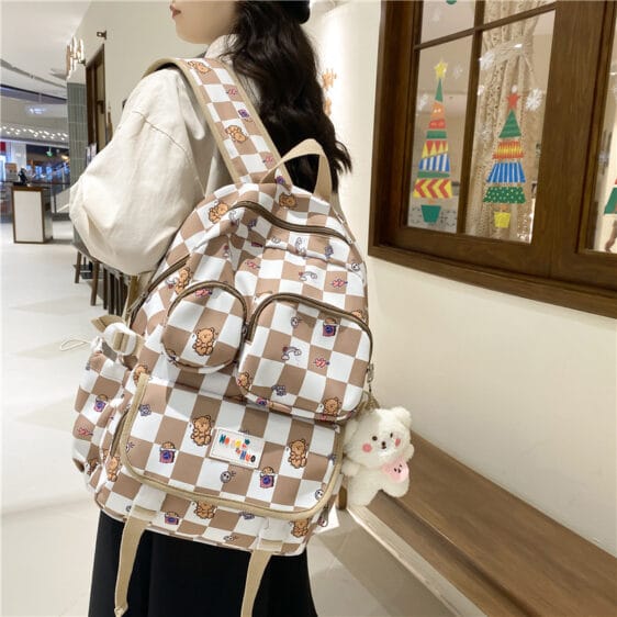 Adorable Bear Pattern Khaki Checkered Backpack