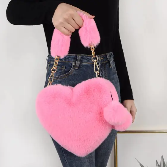 Adorable Heart-Shaped Pink Faux Fur Handbag