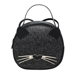 Charming Cat Nose & Whiskers Glittery Black Handbag
