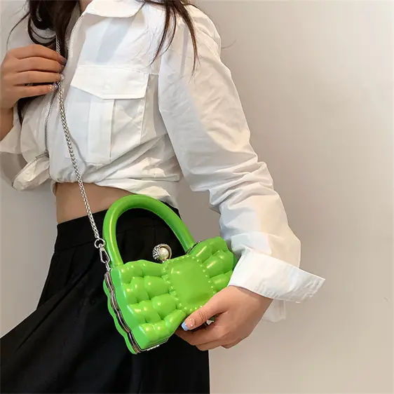 Charming Green Bow-Like Pearl Lock Chain Handbag