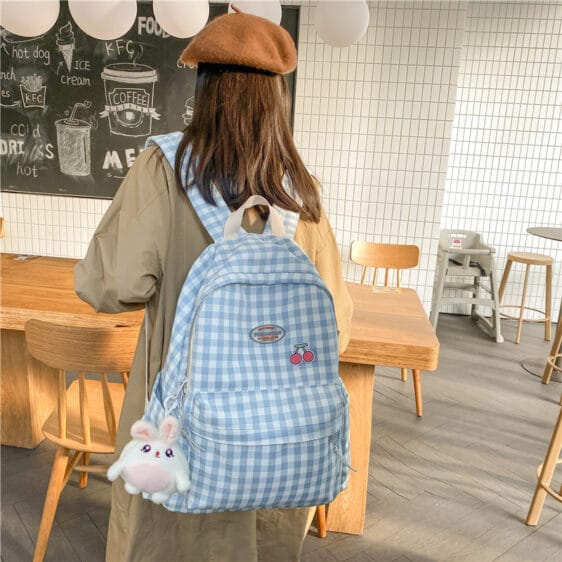 Charming Rabbit & Cherry Blue Plaid Backpack
