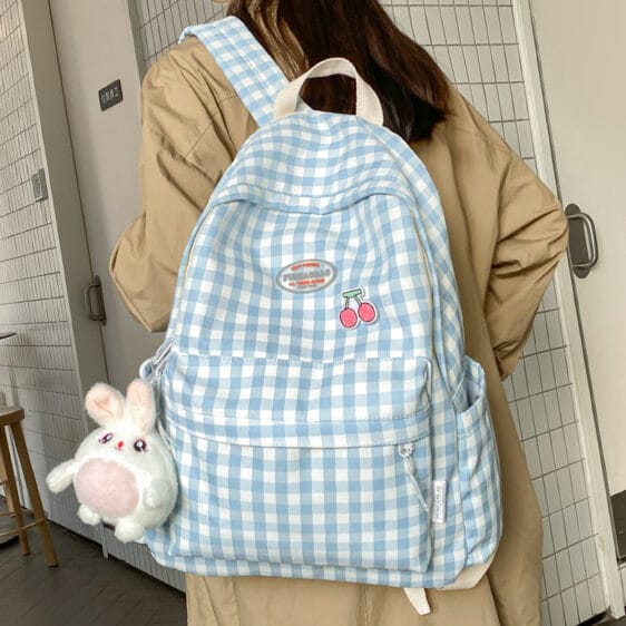 Charming Rabbit & Cherry Blue Plaid Backpack