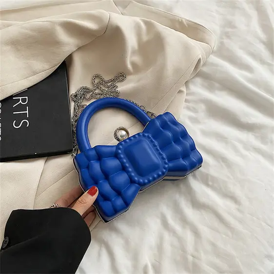 Cute Blue Bow-Shaped Design Pearl Lock Teen Handbag