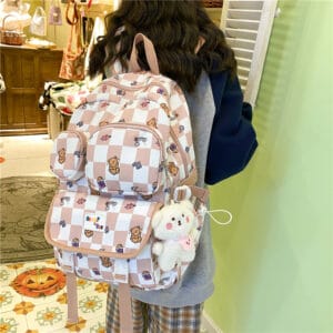 Cute Checkered Bear Pattern Girly Backpack