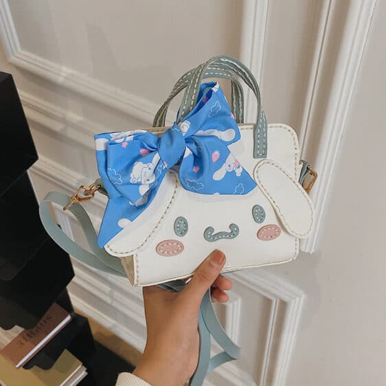 Cute Dog White Handbag With Blue Ribbon