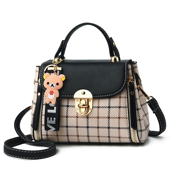 Cute Little Bear Plaid Pattern Black Ladies Handbag