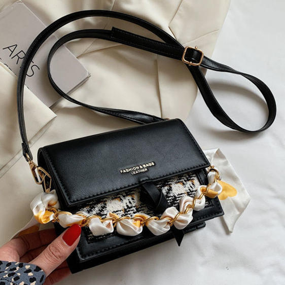 Cute Woven Pattern Chain & Ribbon Strap Shoulder Bag