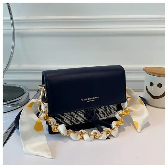 Cute Woven Pattern Chain & Ribbon Strap Shoulder Bag