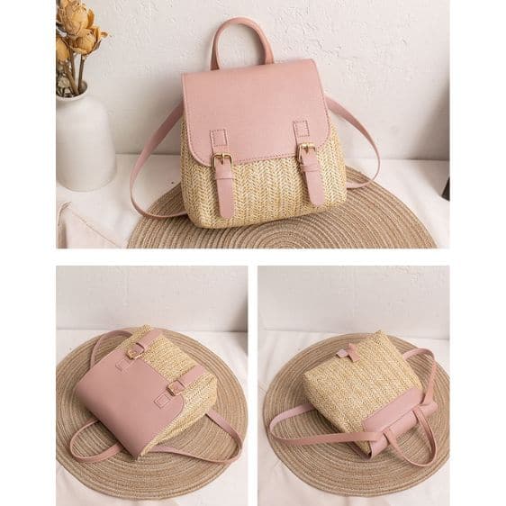 Elegant Straw Woven Pink Woman Backpack