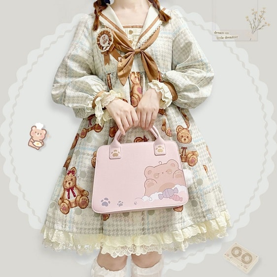 Kawaii Bear Cloud Candy And Paw Pattern Pink Handbag