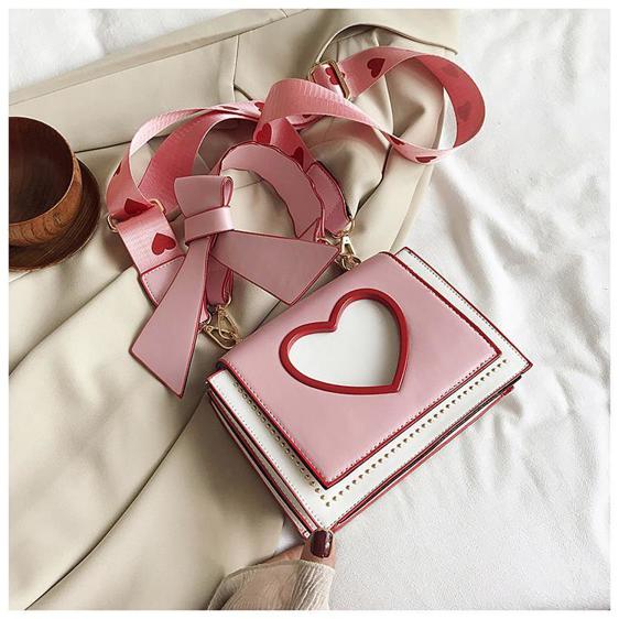 Kawaii Hollow Heart Wide Straps Pink Handbag