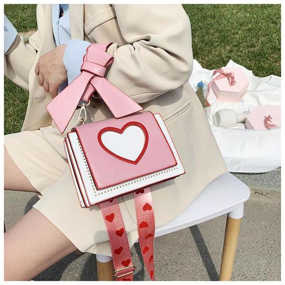 Kawaii Hollow Heart Wide Straps Pink Handbag