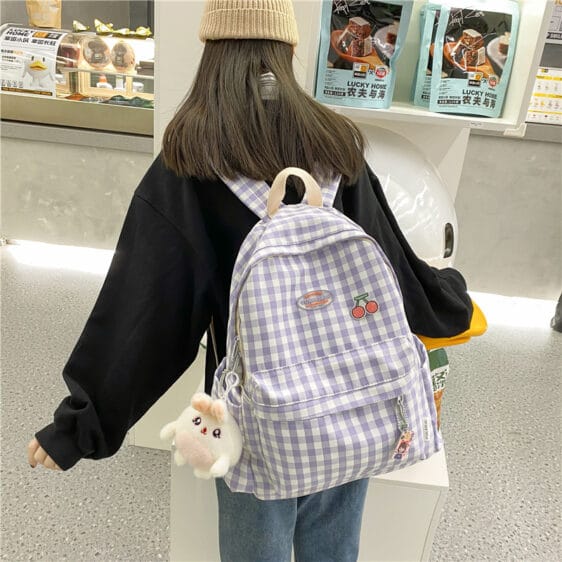 Kawaii Rabit Doll Purple Plaid Backpack