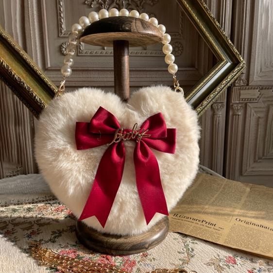 Lovely Heart Red Bow Pearl Chain Strap Fur Handbag
