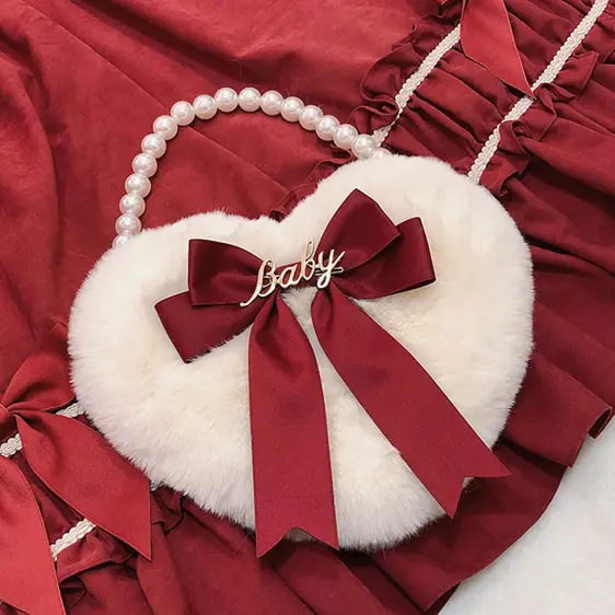 Lovely Heart Red Bow Pearl Chain Strap Fur Handbag