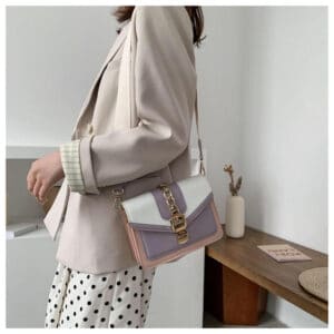 Lovely Panelled Color Chain And Wide Strap Handbag