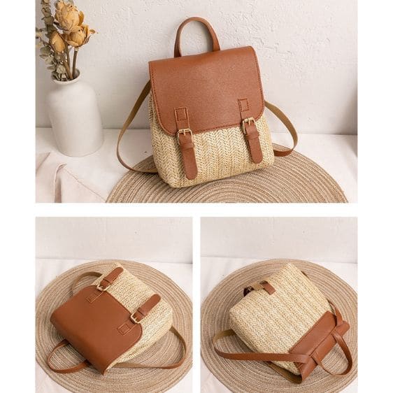 Lovely Straw Woven Brown Fashion Backpack