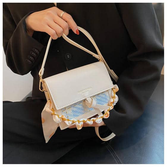 Lovely Woven Design Chain & Ribbon Strap Handbag