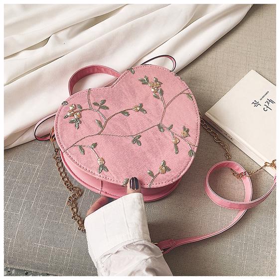 Pink Heart Floral Embroidered Pattern Shoulder Bag