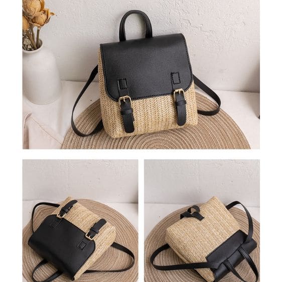 Trendy Cute Straw Woven Black Teen Backpack