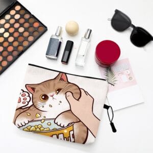 Adorable Chubby Cat Munching Girly Cosmetic Pouch