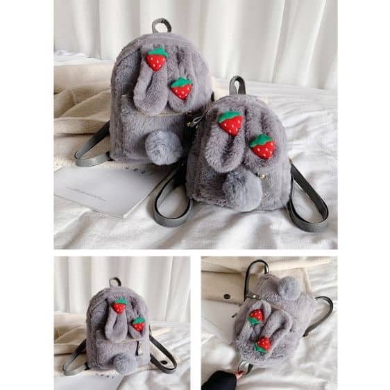 Charming Rabbit Ear Strawberry Gray Teen Backpack 2