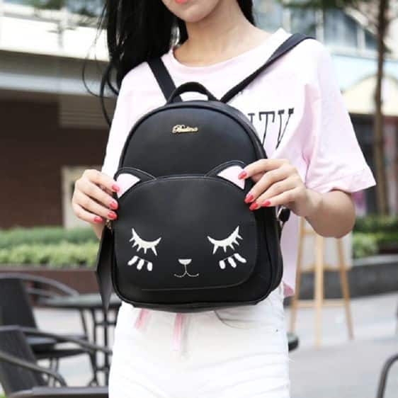 Cute Cat Face Animal Black Pink Woman Backpack