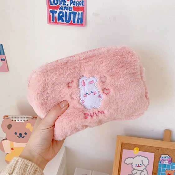 Cute Rabbit Cartoon Pink Fur Cosmetic Bag