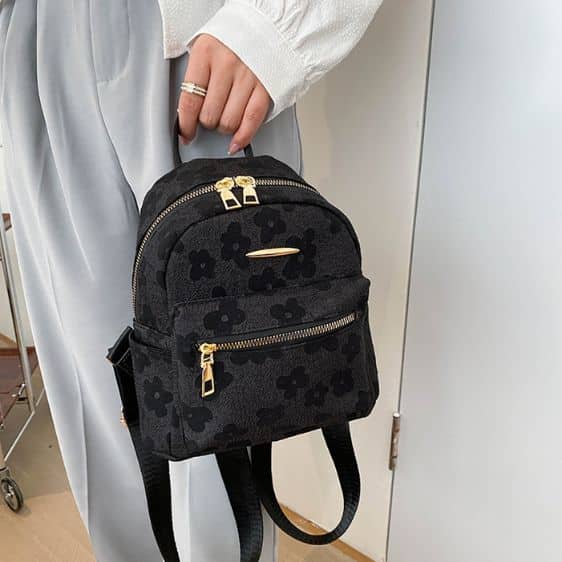 Elegant Floral Pattern Black Lady Backpack