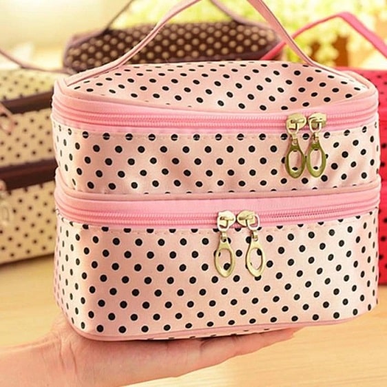 Girly Polka Dots Pink Double Section Makeup Bag