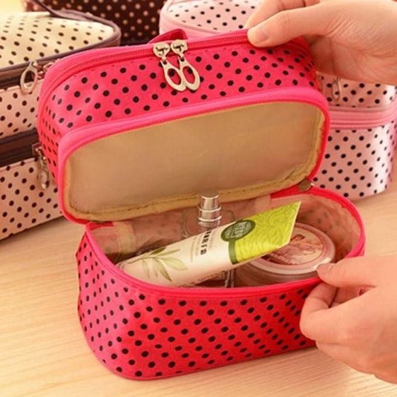 Girly Polka Dots Rose Double Section Cosmetic Bag