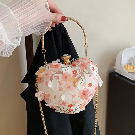 Heart-Shaped Floral Embossed Patch Pattern Handbag