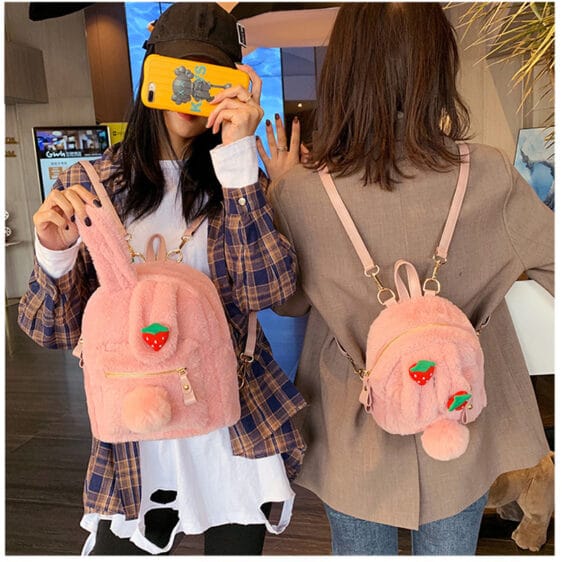 Kawaii Rabbit Ear Strawberry Design Pink Backpack