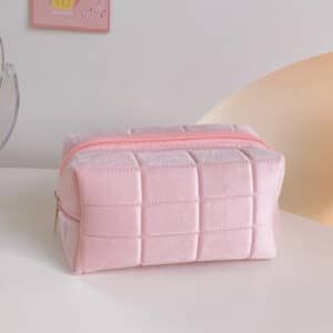 Lovely Pink Block Pattern Corduroy Cosmetic Pouch