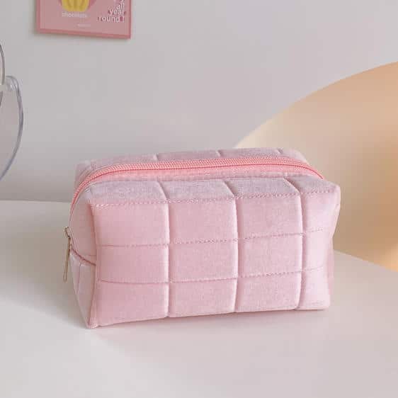 Lovely Pink Block Pattern Corduroy Cosmetic Pouch