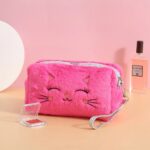 Lovely Smiling Fur Cat Girly Pink Makeup Pouch