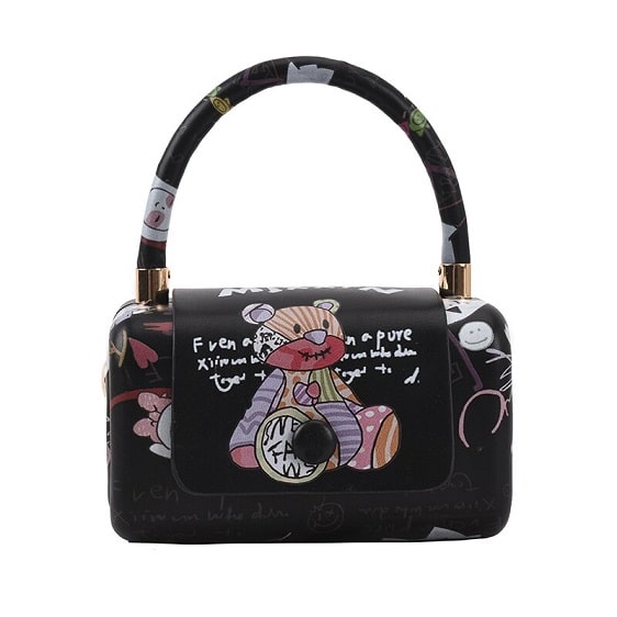 Lovely Teddy Bear Graffiti Pattern Black Handbag