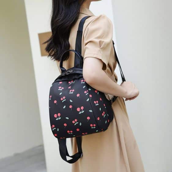Charming Cherry Pattern Black Woman Backpack