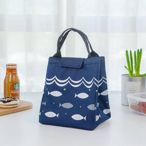 Kawaii Underwater Fish Pattern Navy Blue Bento Bag
