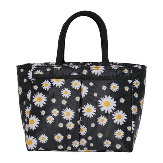 Charming White Daisy Floral Design Black Lunch Bag