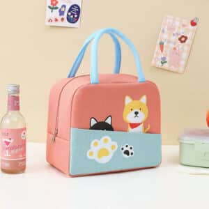 Cute Dogs And Paw Print Deep Blush Red Lunch Basket