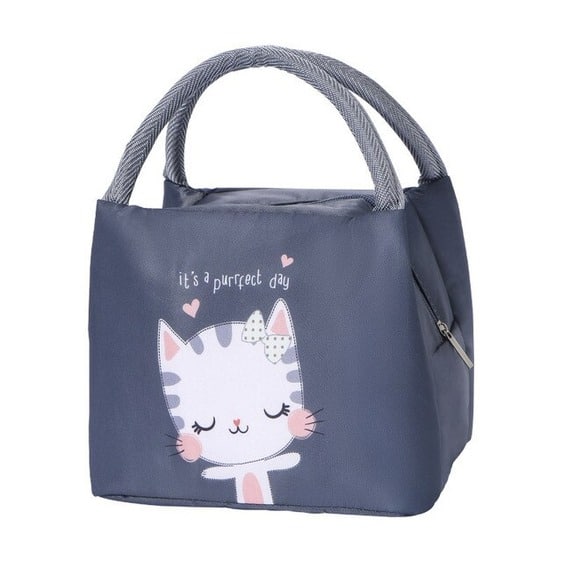 It's A Purrfect Day Cat Lovely Dark Gray Lunch Tote