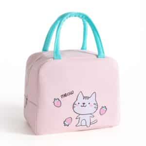Lovely Cat And Strawberries Design Pink Lunch Bag