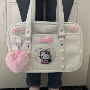Adorable Hello Kitty Fluffy Heart Keychain White Shoulder Bag