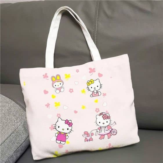 Cute Hello Kitty In Different Outfit Flower Art Tote Bag