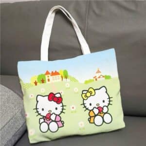 Kawaii Hello Kitty & Mimmy White Eating Strawberry Tote Bag