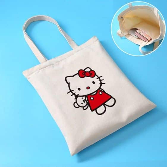 Charming Sanrio Cat Hello Kitty Red Outfit Ribbon Girly Tote Bag
