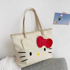 Cute Hello Kitty Face Red Ribbon Design White Women Handbag