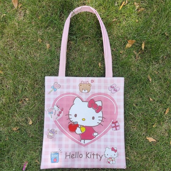 Cute Hello Kitty Heart Design Plaid Pattern Tote Bag
